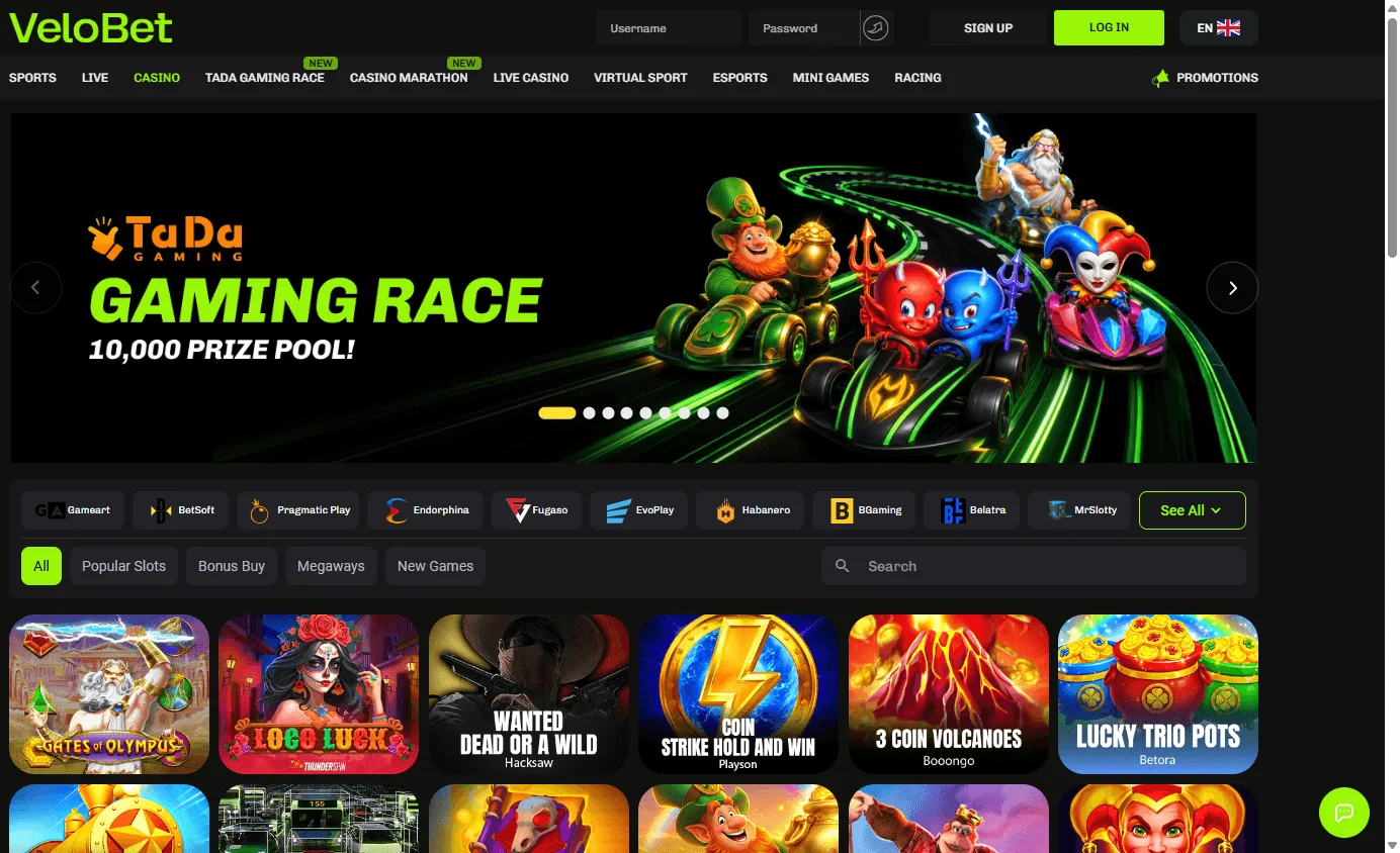 Velobet Casino desktop games screen