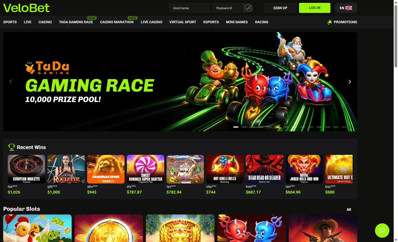 Velobet Casino desktop home screen