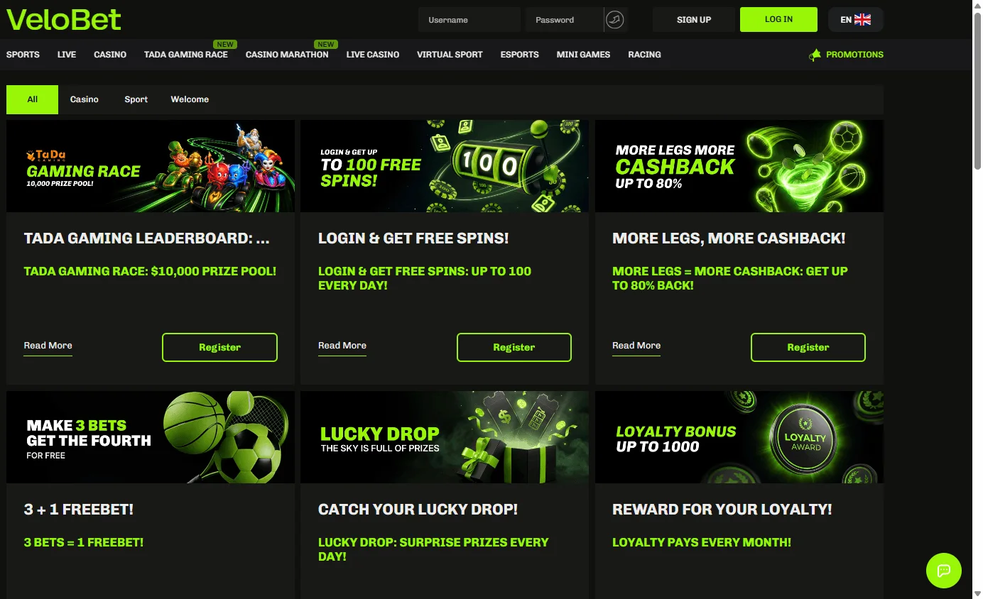 Velobet Casino desktop promotions screen